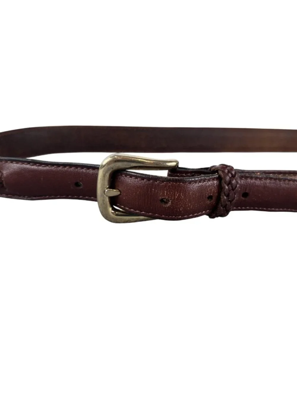 Vintage Mens 42 Belt Brown Leather Brass Buckle Braided Classic Sporty 90s